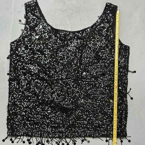 Vintage Sz Small Hand Beaded 100% Wool Boat Neck Whimsical Black Sequin Blouse - Picture 6 of 15